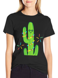 Festive Cactus Graphic Tee - Black Cotton T-Shirt