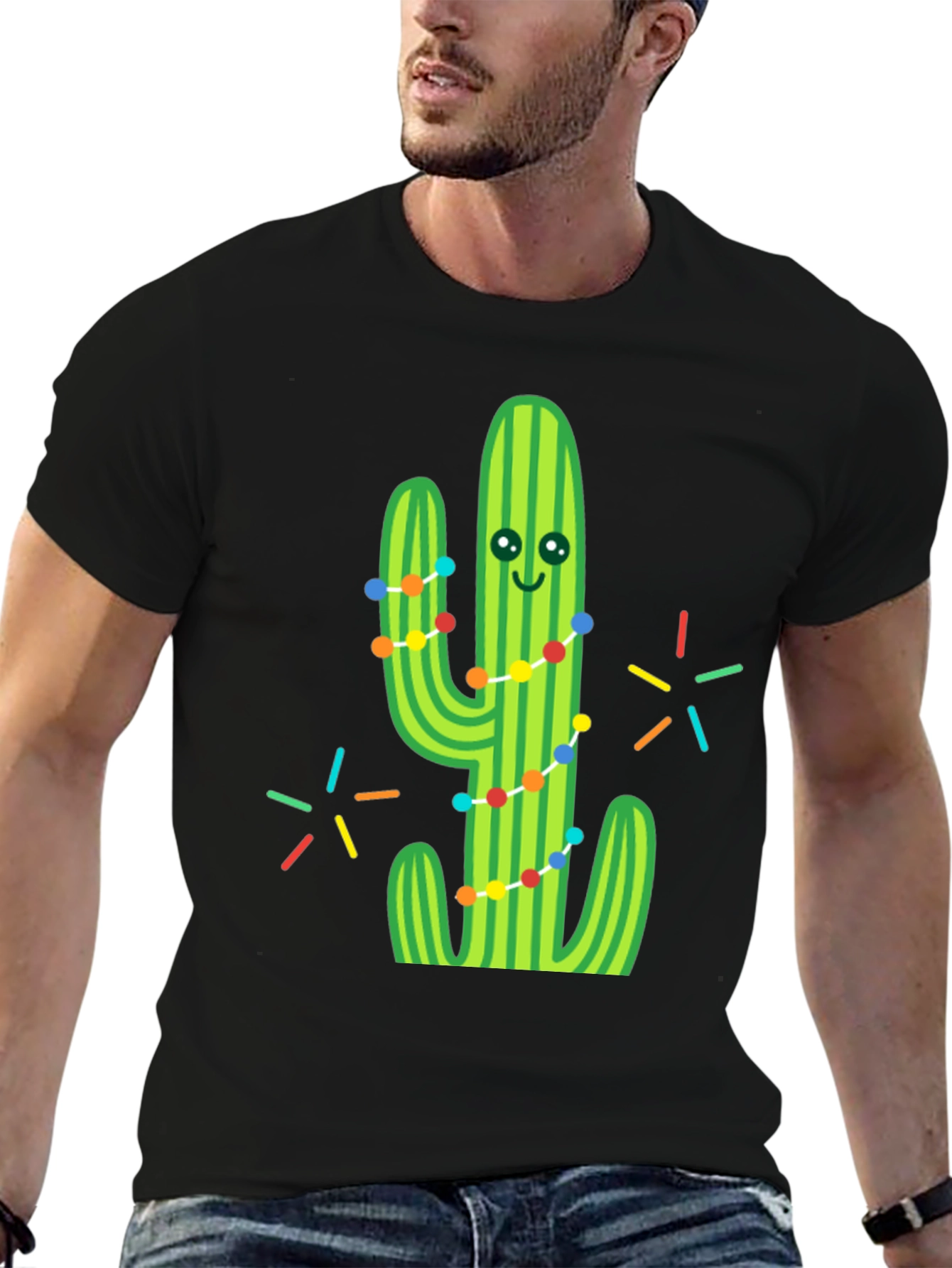 Festive Cactus Graphic Tee - Black Cotton T-Shirt