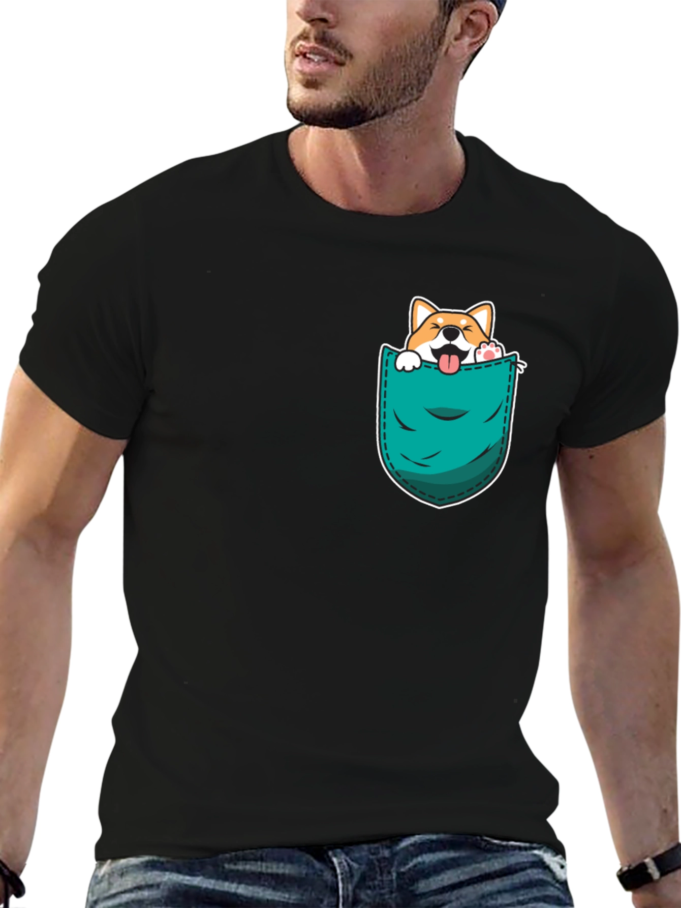 Cute Dog in Pocket Black T-Shirt