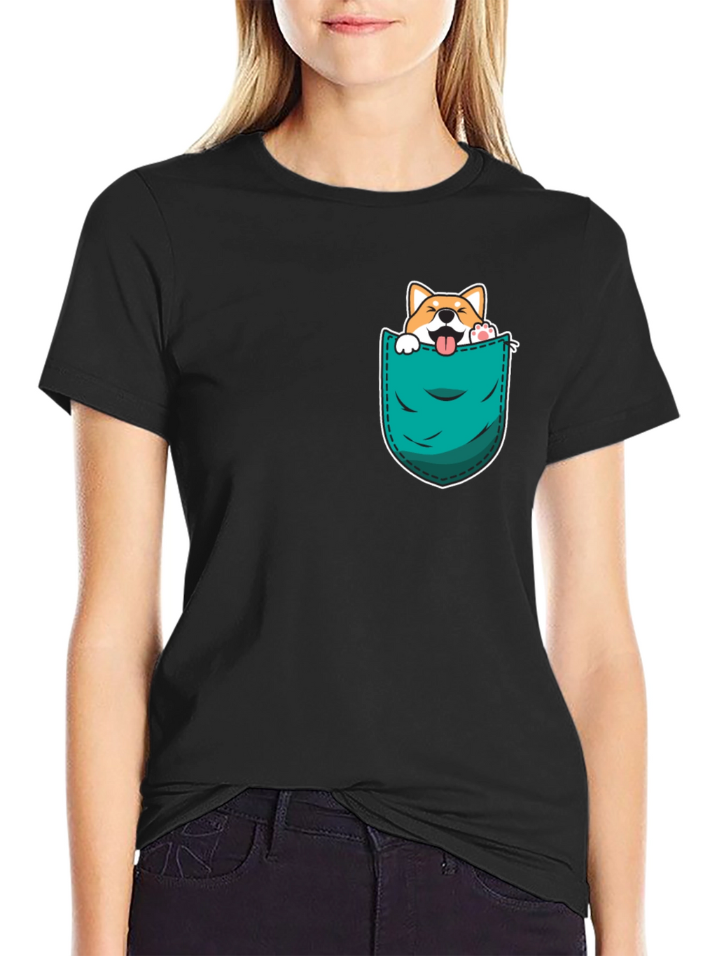 Cute Dog in Pocket Black T-Shirt