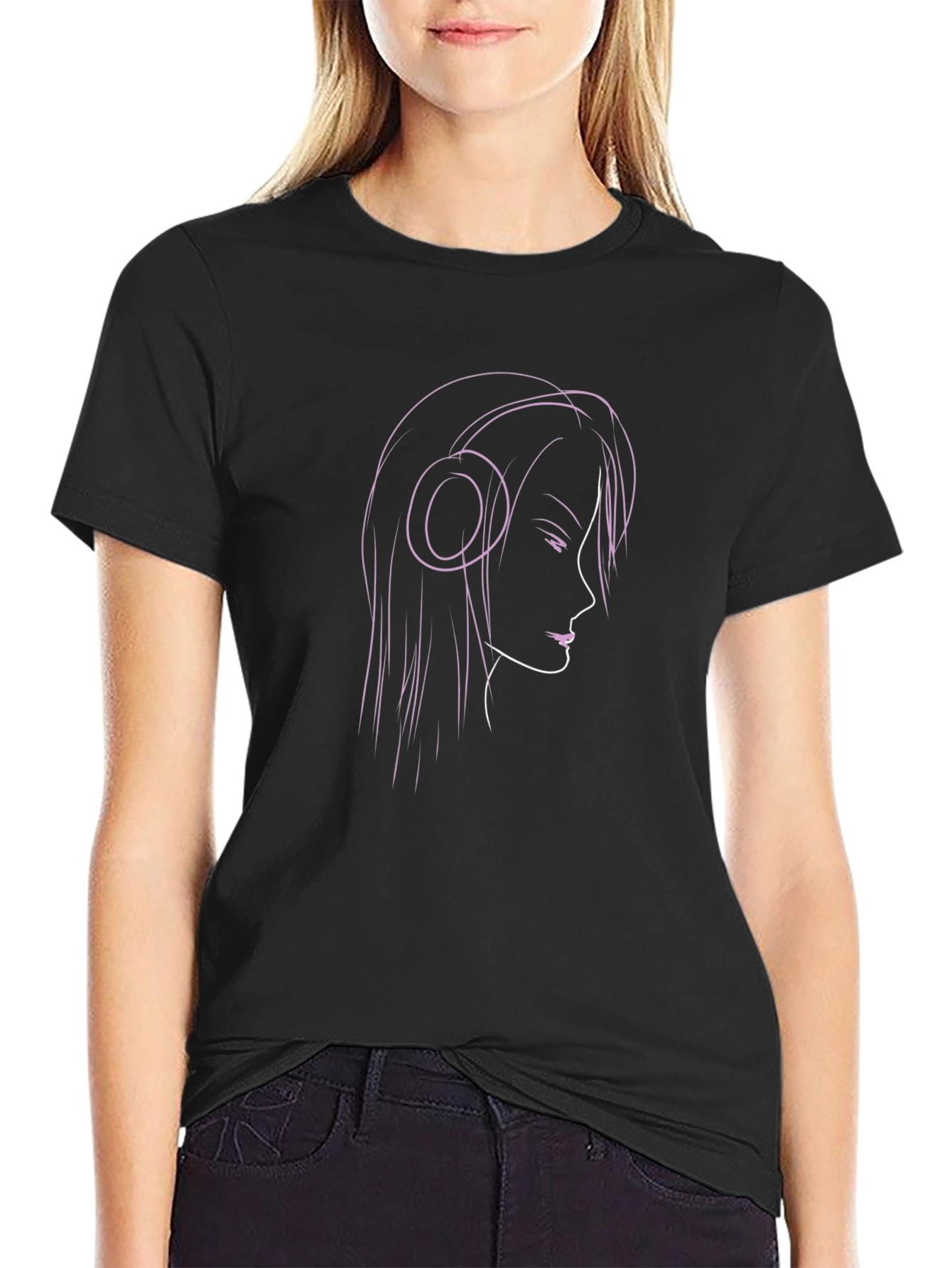 Headphones Girl T-Shirt - Stylish Black Tee