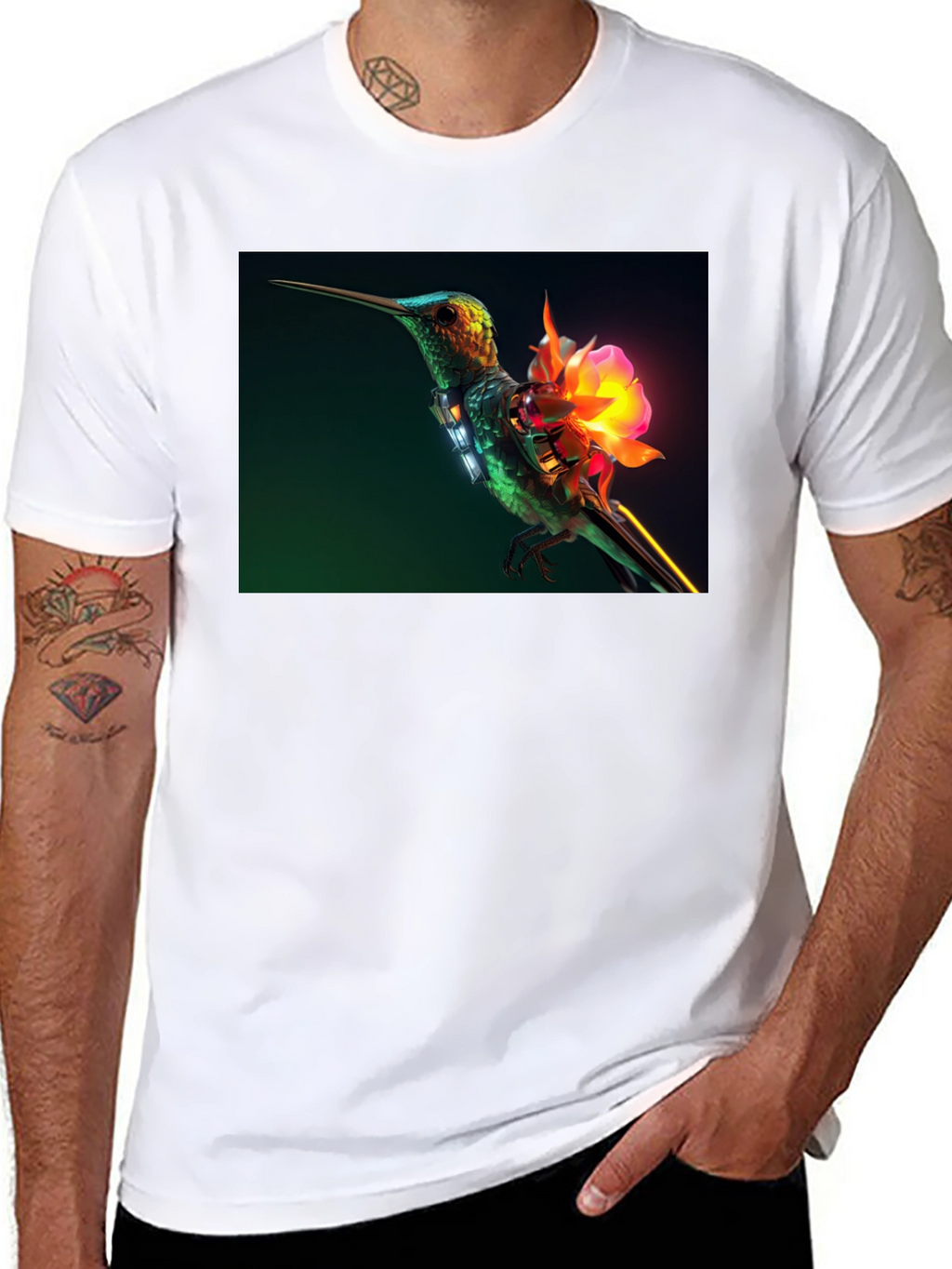 Hummingbird with Neon Flower Graphic Tee