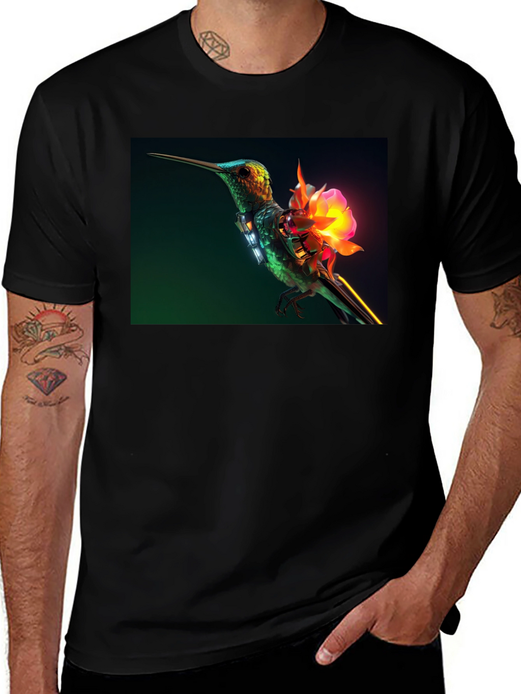 Hummingbird with Neon Flower Graphic Tee