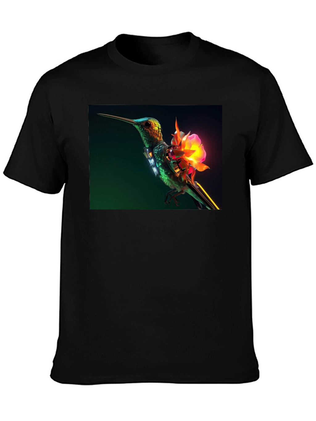 Hummingbird with Neon Flower Graphic Tee