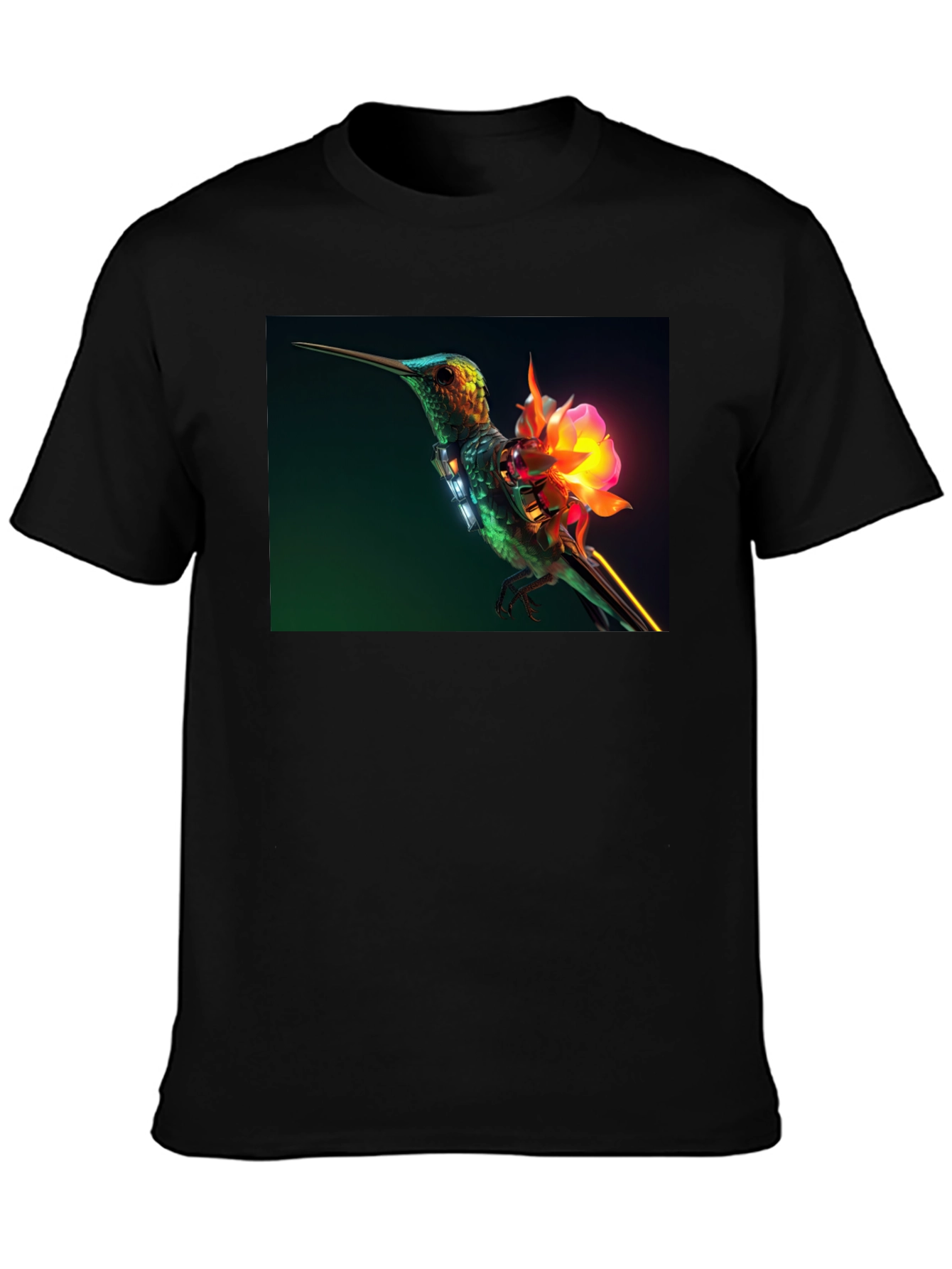 Hummingbird with Neon Flower Graphic Tee