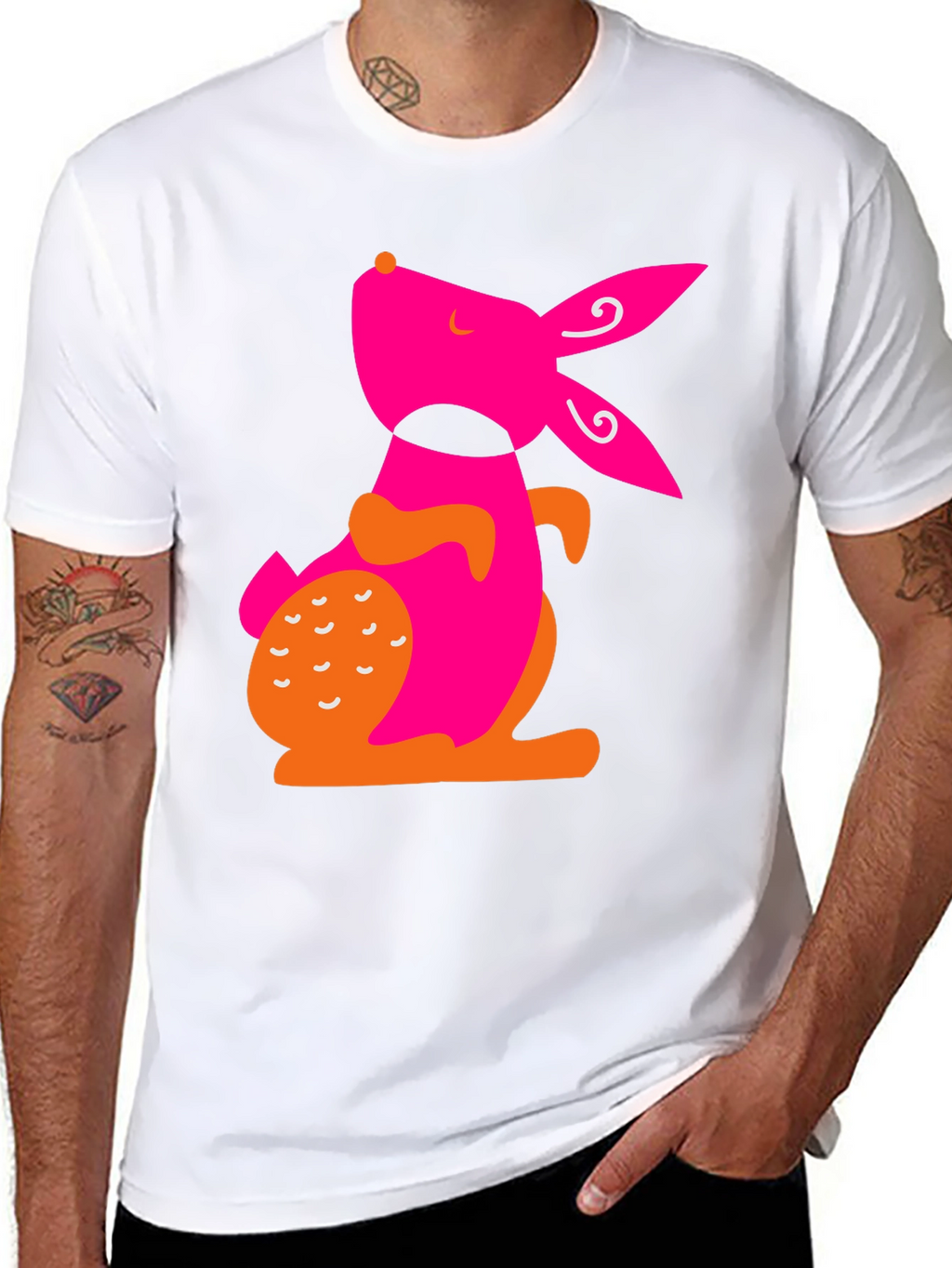 Modern Pink Rabbit Graphic Black T-Shirt