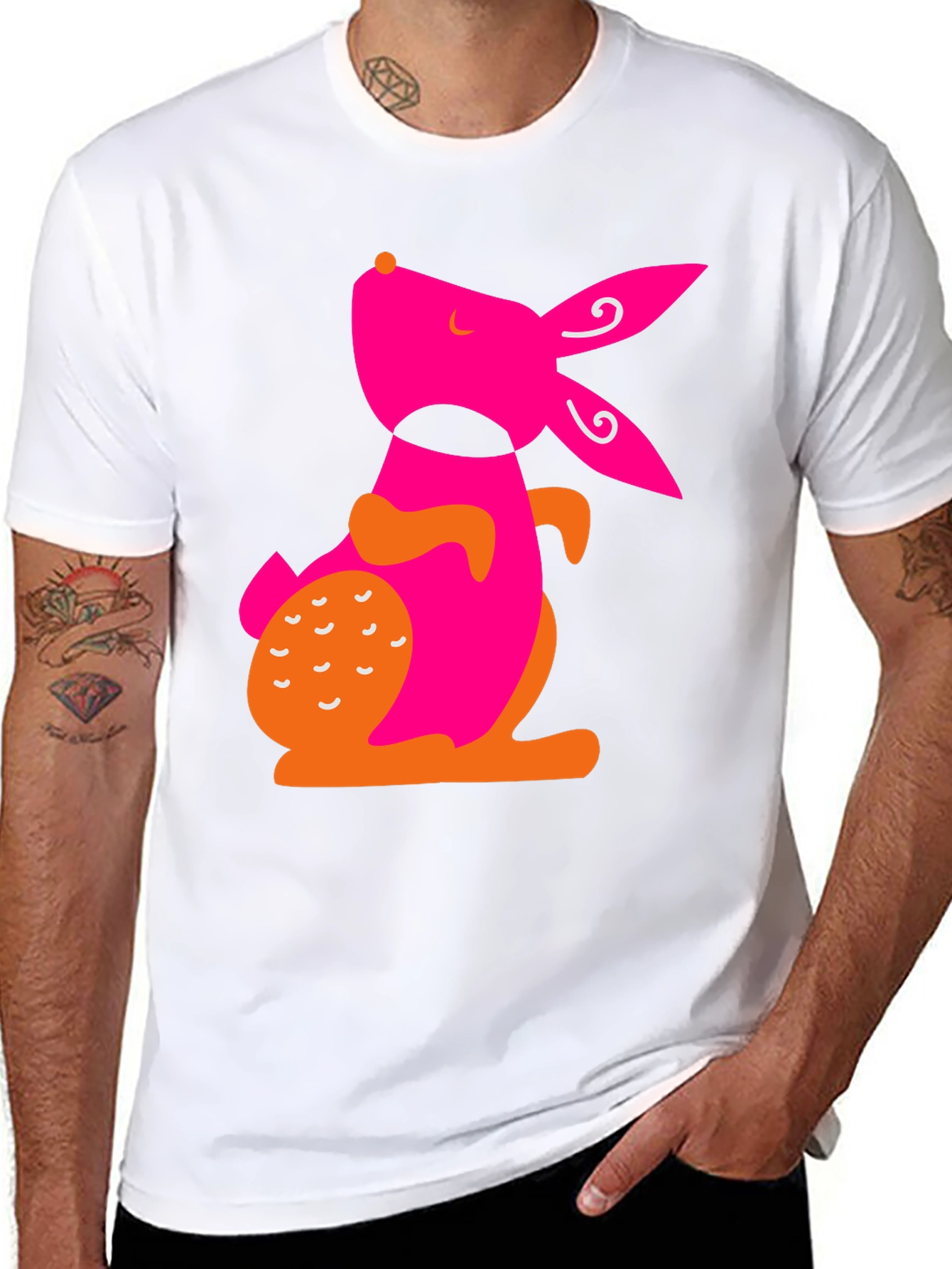 Modern Pink Rabbit Graphic Black T-Shirt
