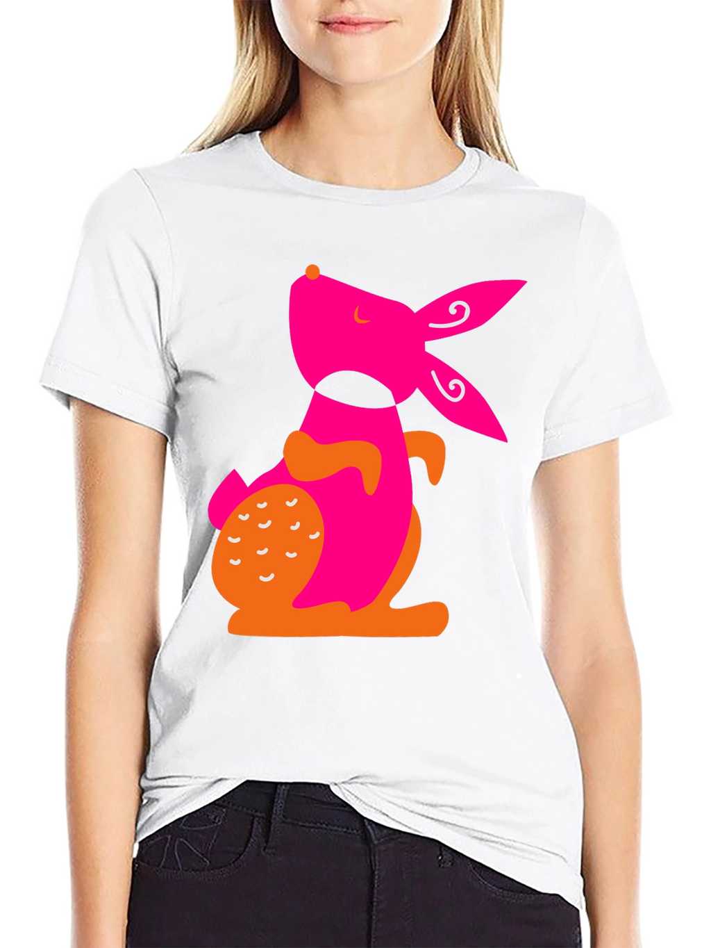 Modern Pink Rabbit Graphic Black T-Shirt