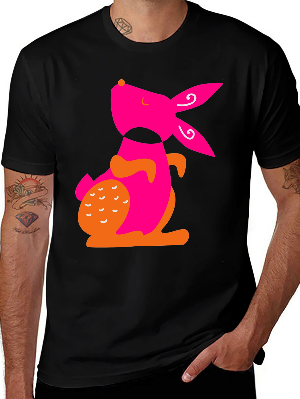 Modern Pink Rabbit Graphic Black T-Shirt
