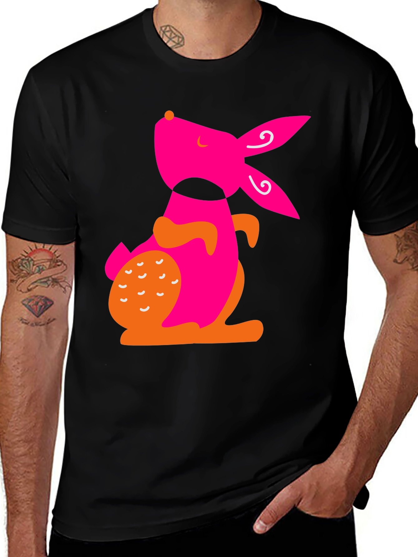 Modern Pink Rabbit Graphic Black T-Shirt