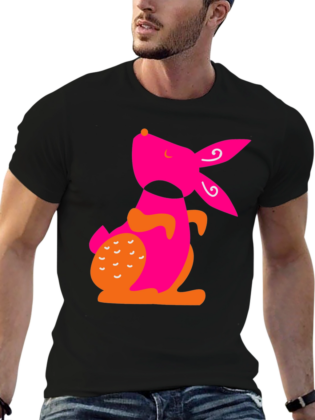 Modern Pink Rabbit Graphic Black T-Shirt