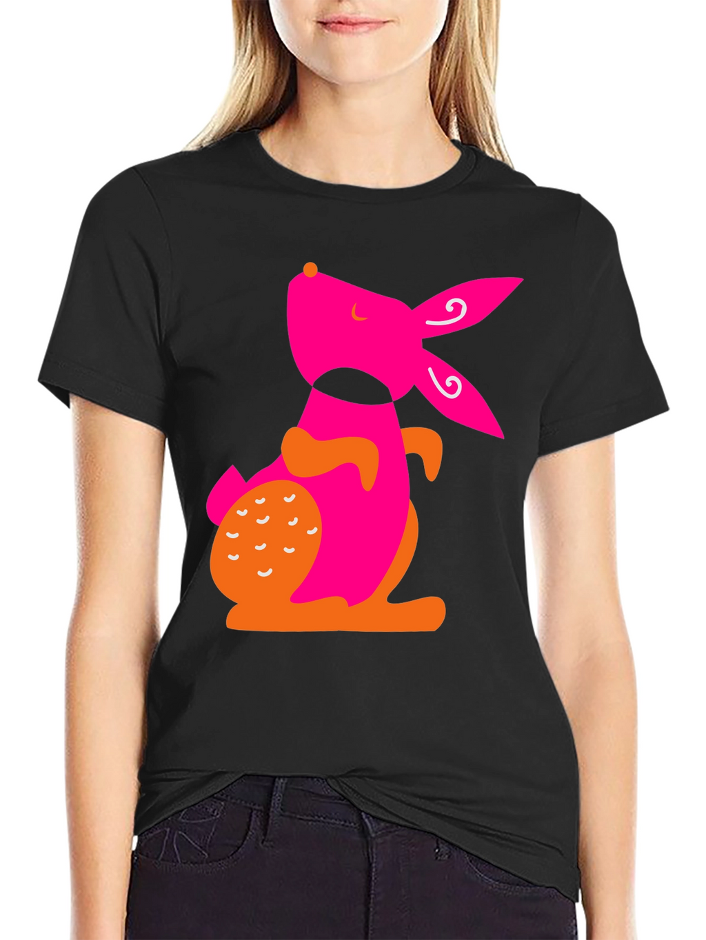Modern Pink Rabbit Graphic Black T-Shirt