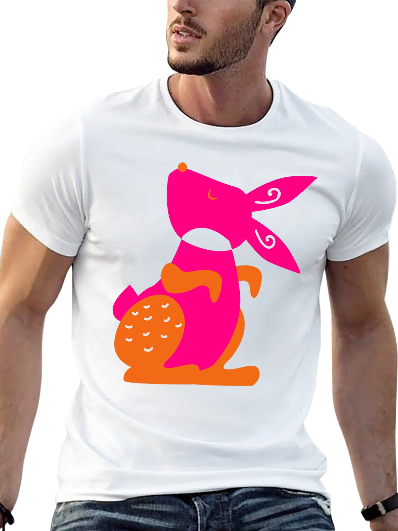 Modern Pink Rabbit Graphic Black T-Shirt