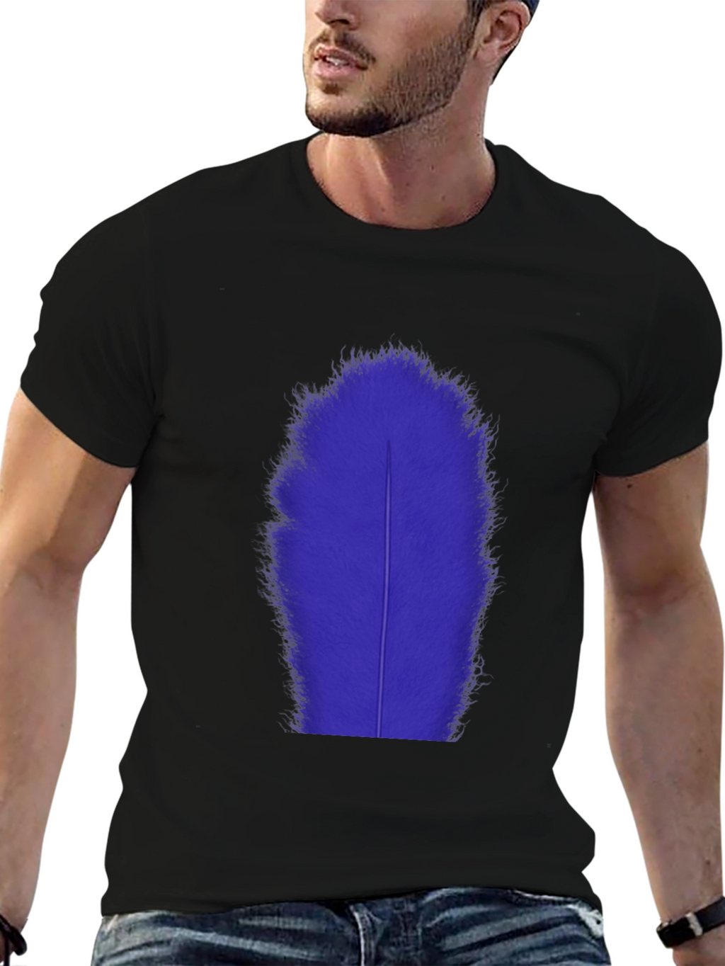 Mens Black T-Shirt with Blue Feather Graphic