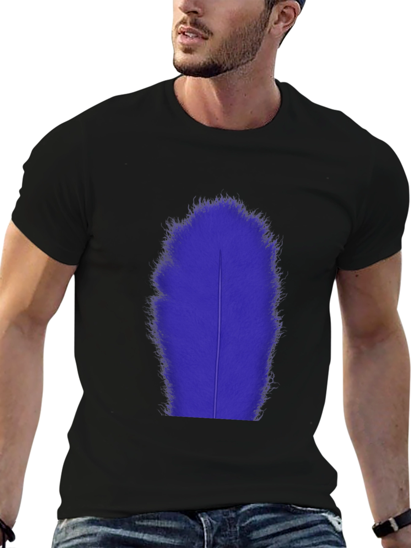Mens Black T-Shirt with Blue Feather Graphic