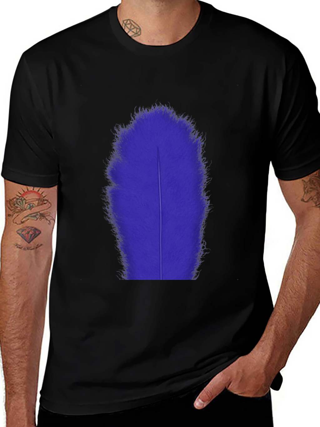 Mens Black T-Shirt with Blue Feather Graphic