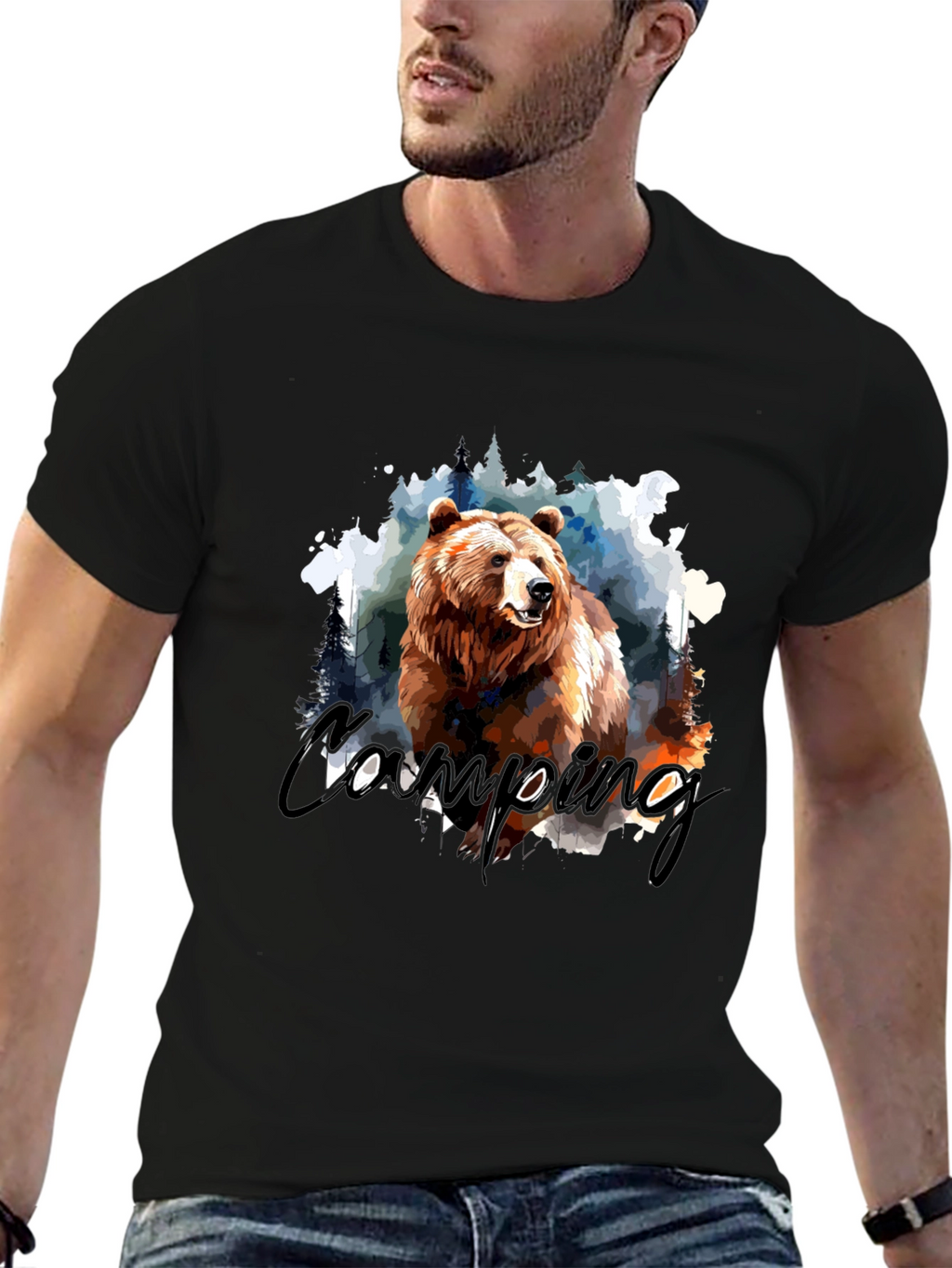 Camping Bear Graphic T-Shirt - Nature Adventure