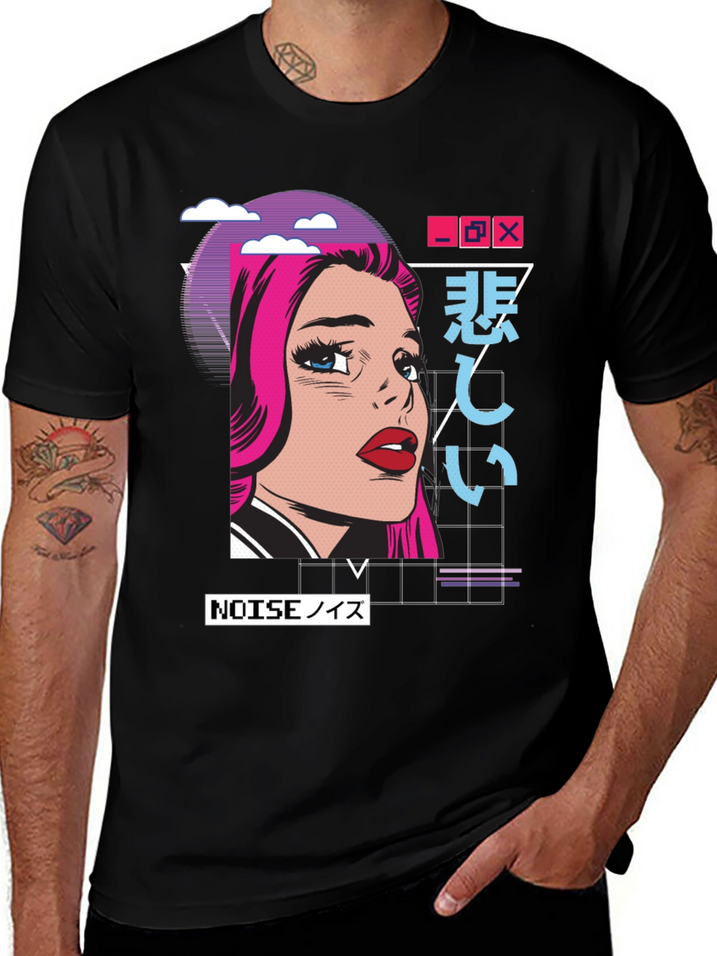 Retro Anime Girl Graphic T-Shirt - Black
