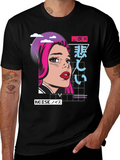 Retro Anime Girl Graphic T-Shirt - Black