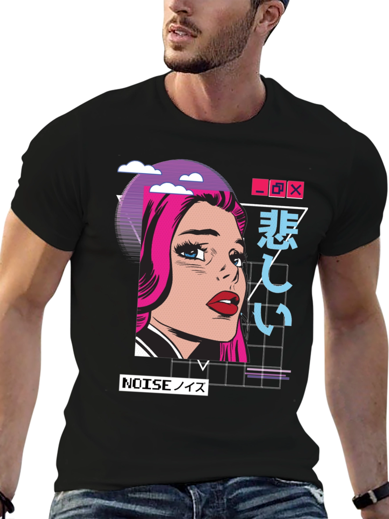 Retro Anime Girl Graphic T-Shirt - Black