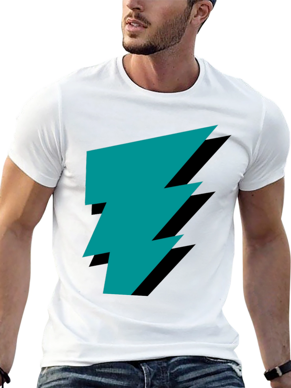 Stylish Black Tee with Teal Lightning Bolt Graphic