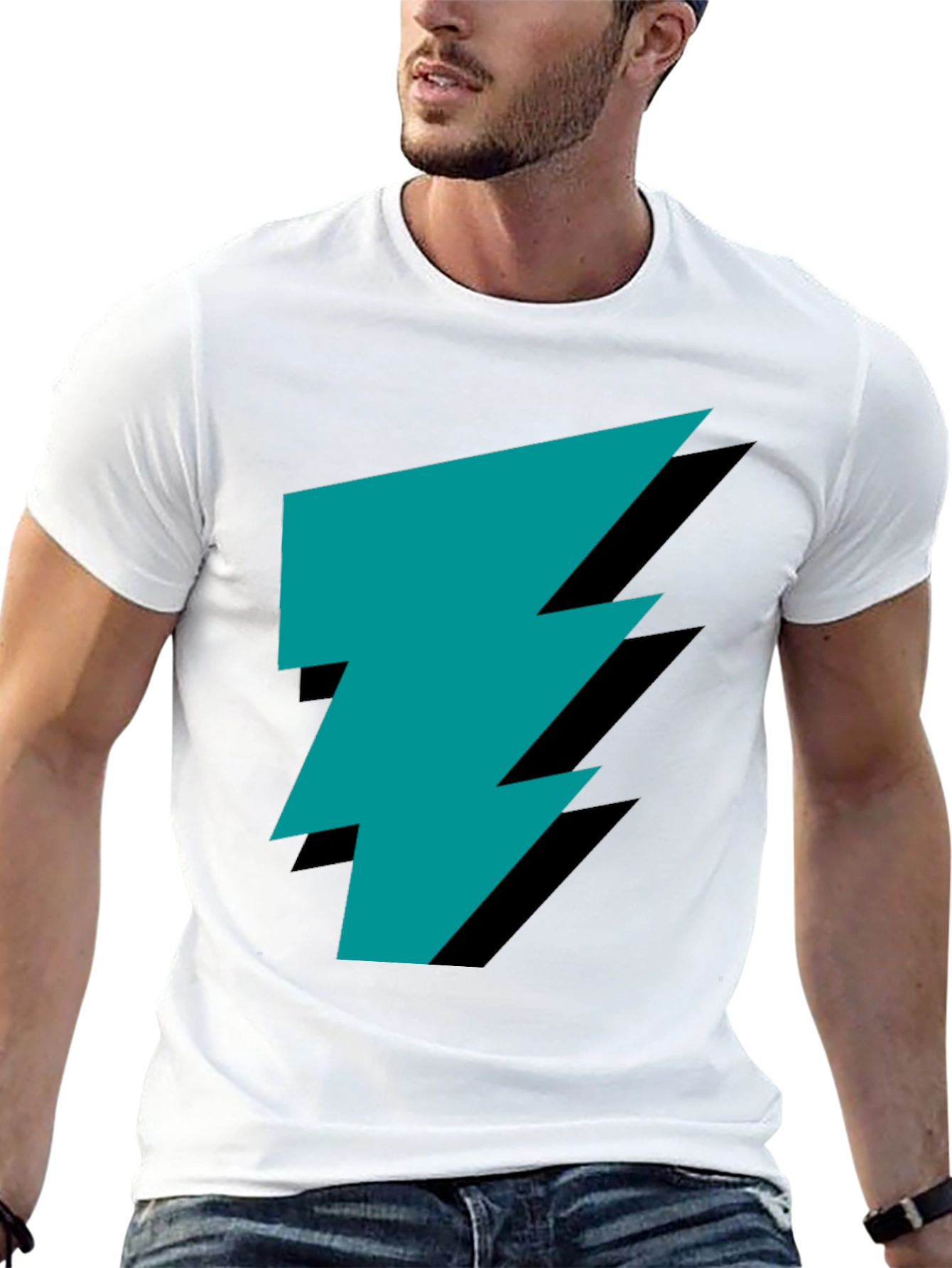 Stylish Black Tee with Teal Lightning Bolt Graphic