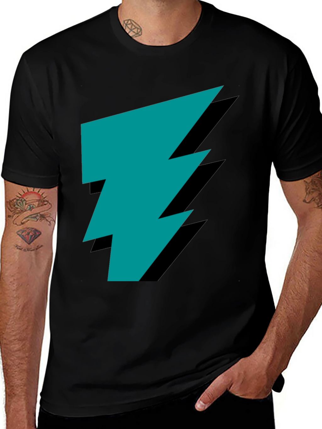 Stylish Black Tee with Teal Lightning Bolt Graphic