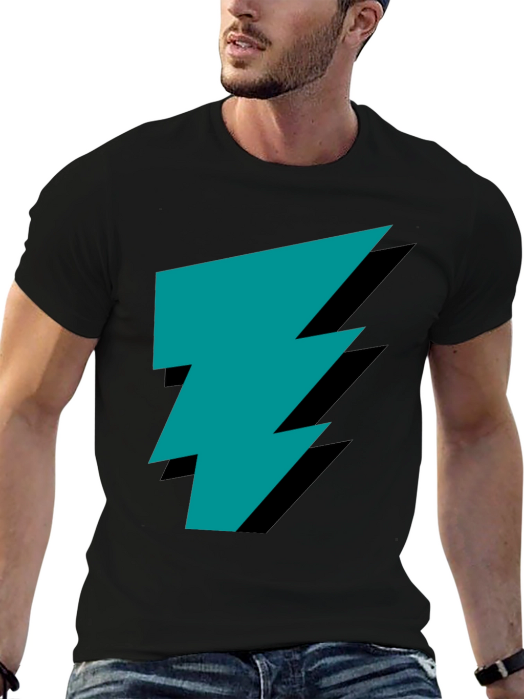 Stylish Black Tee with Teal Lightning Bolt Graphic