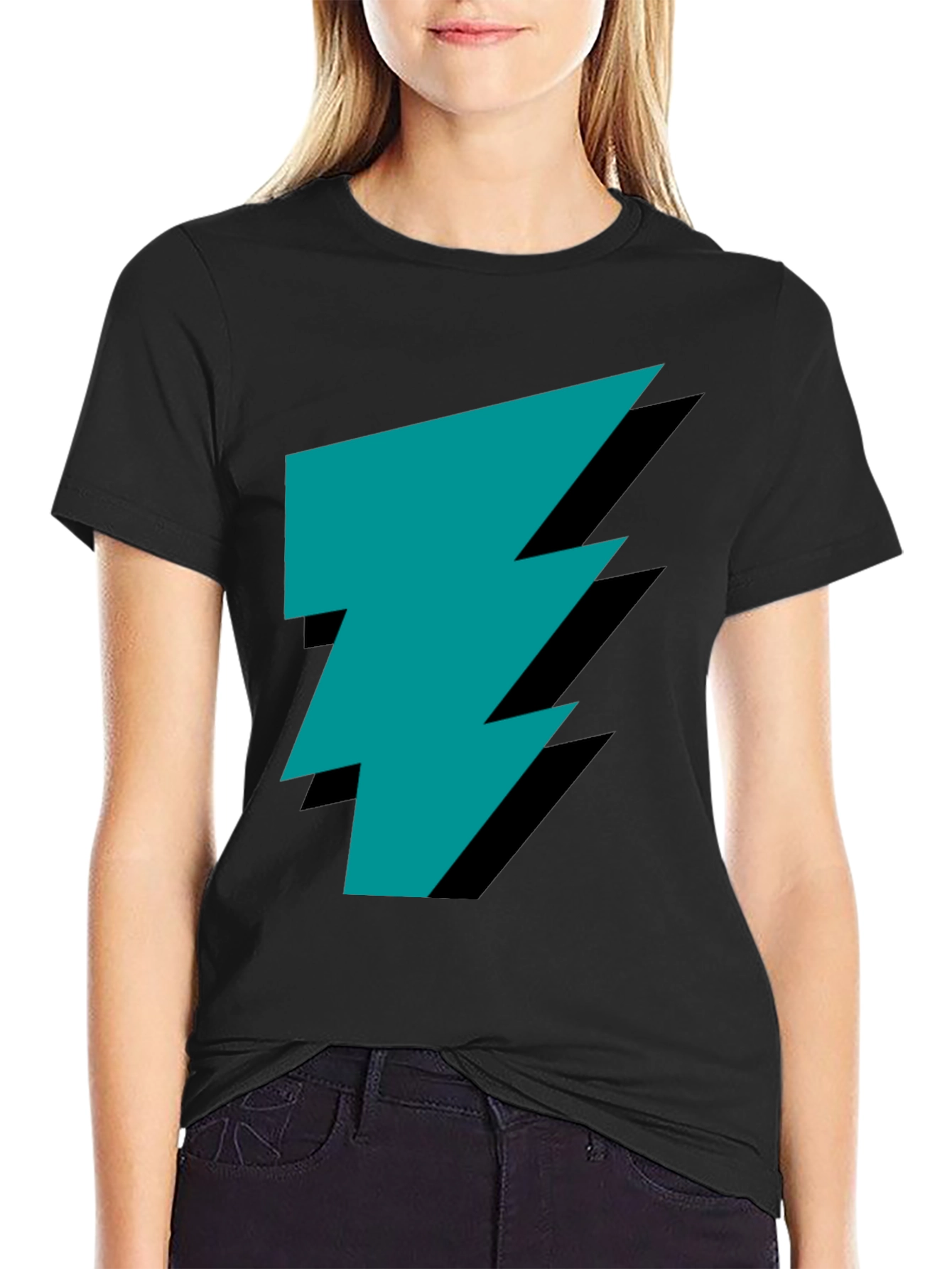 Stylish Black Tee with Teal Lightning Bolt Graphic