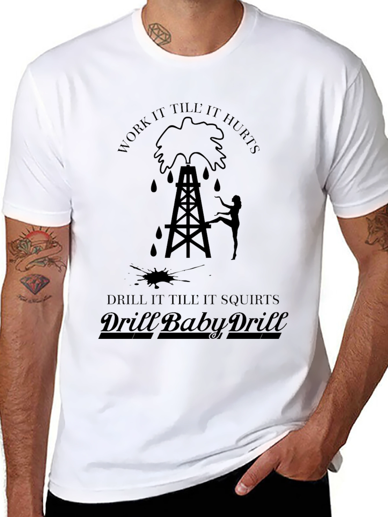 Humorous Drill Baby Drill Black Graphic Tee