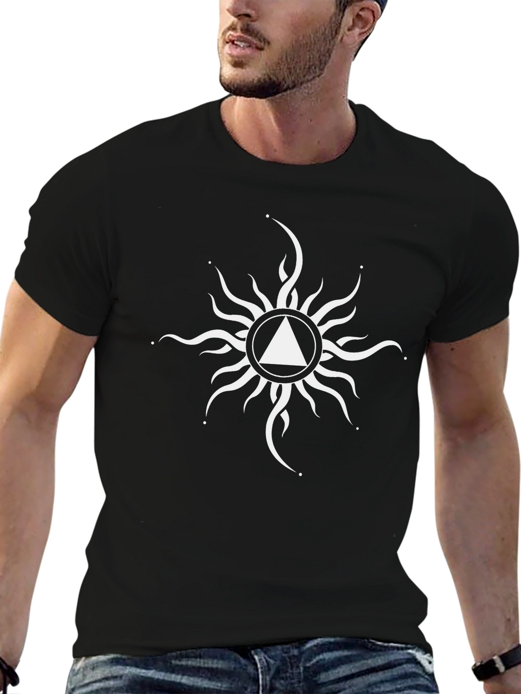 Black T-Shirt with White Triangle Sun Graphic