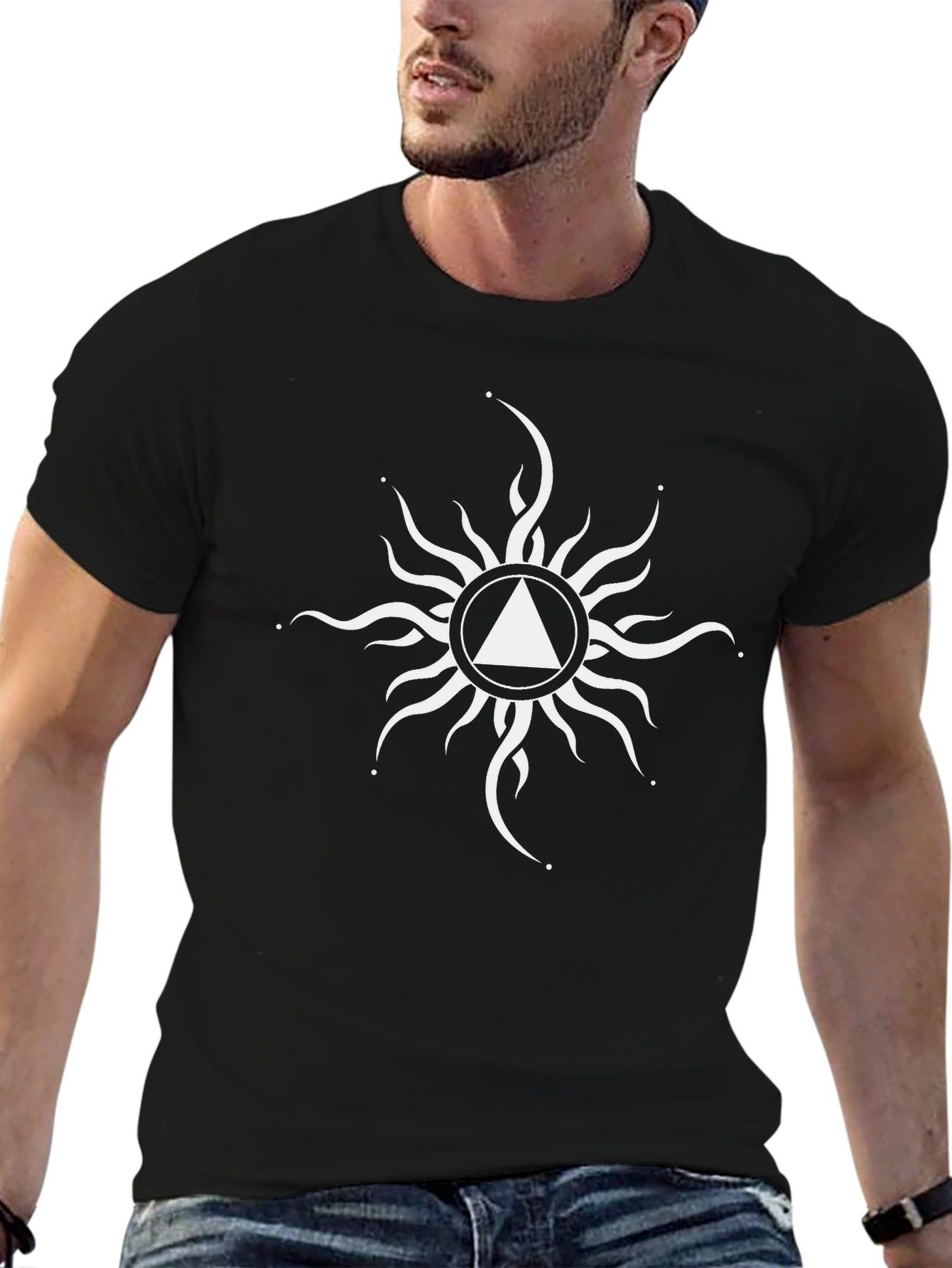 Black T-Shirt with White Triangle Sun Graphic