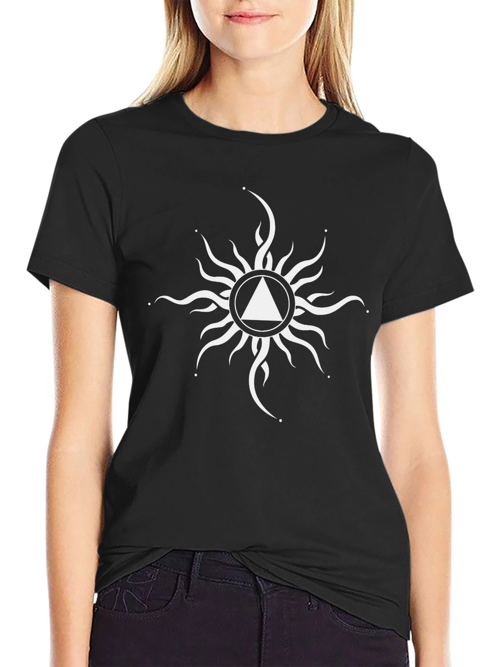 Black T-Shirt with White Triangle Sun Graphic