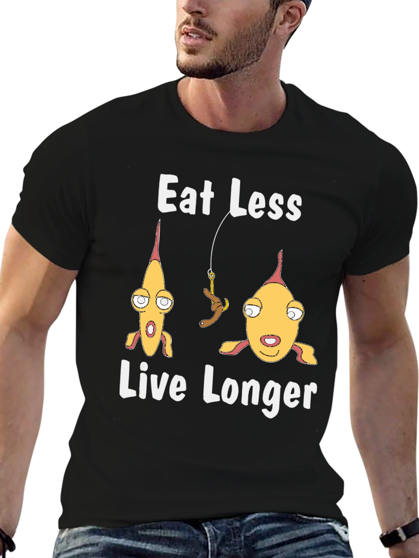 Eat Less Live Longer Funny Fish Graphic Tee