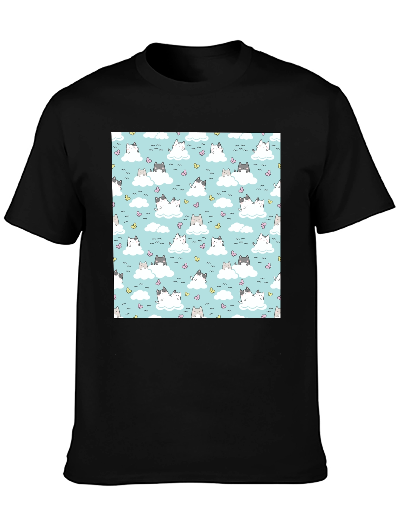 Cloud Cat Tee - Cute Pattern Black T-Shirt