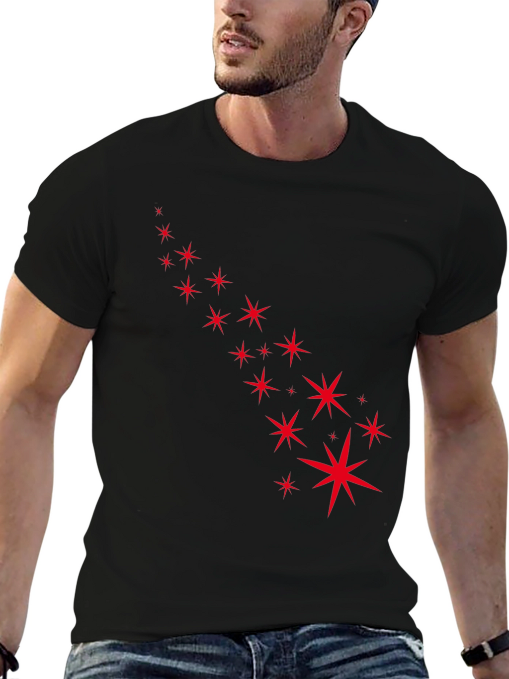 Stylish Black Tee with Starry Red Design