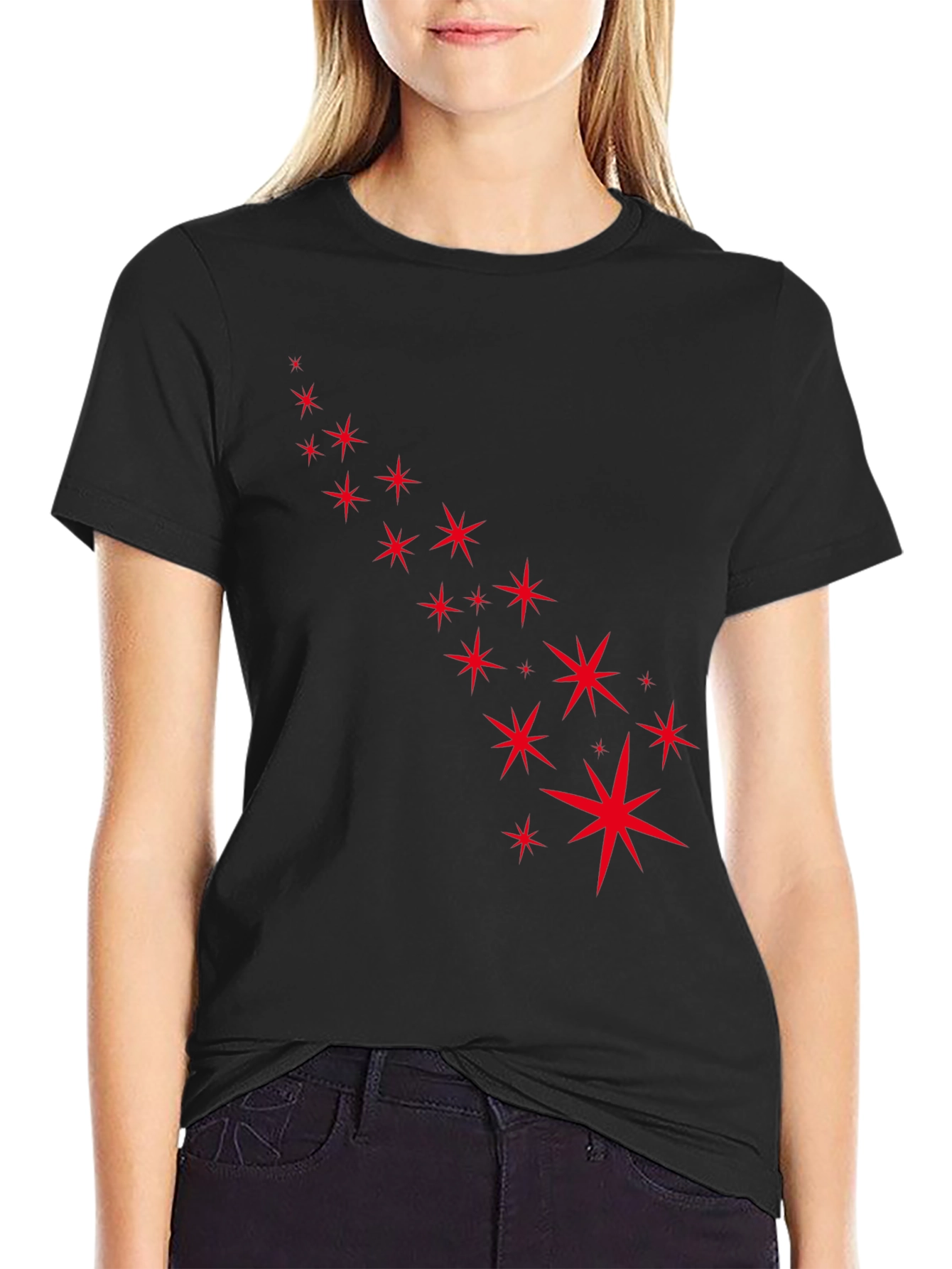 Stylish Black Tee with Starry Red Design