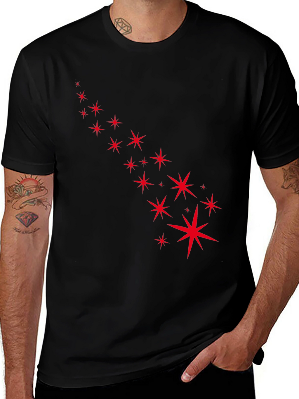Stylish Black Tee with Starry Red Design