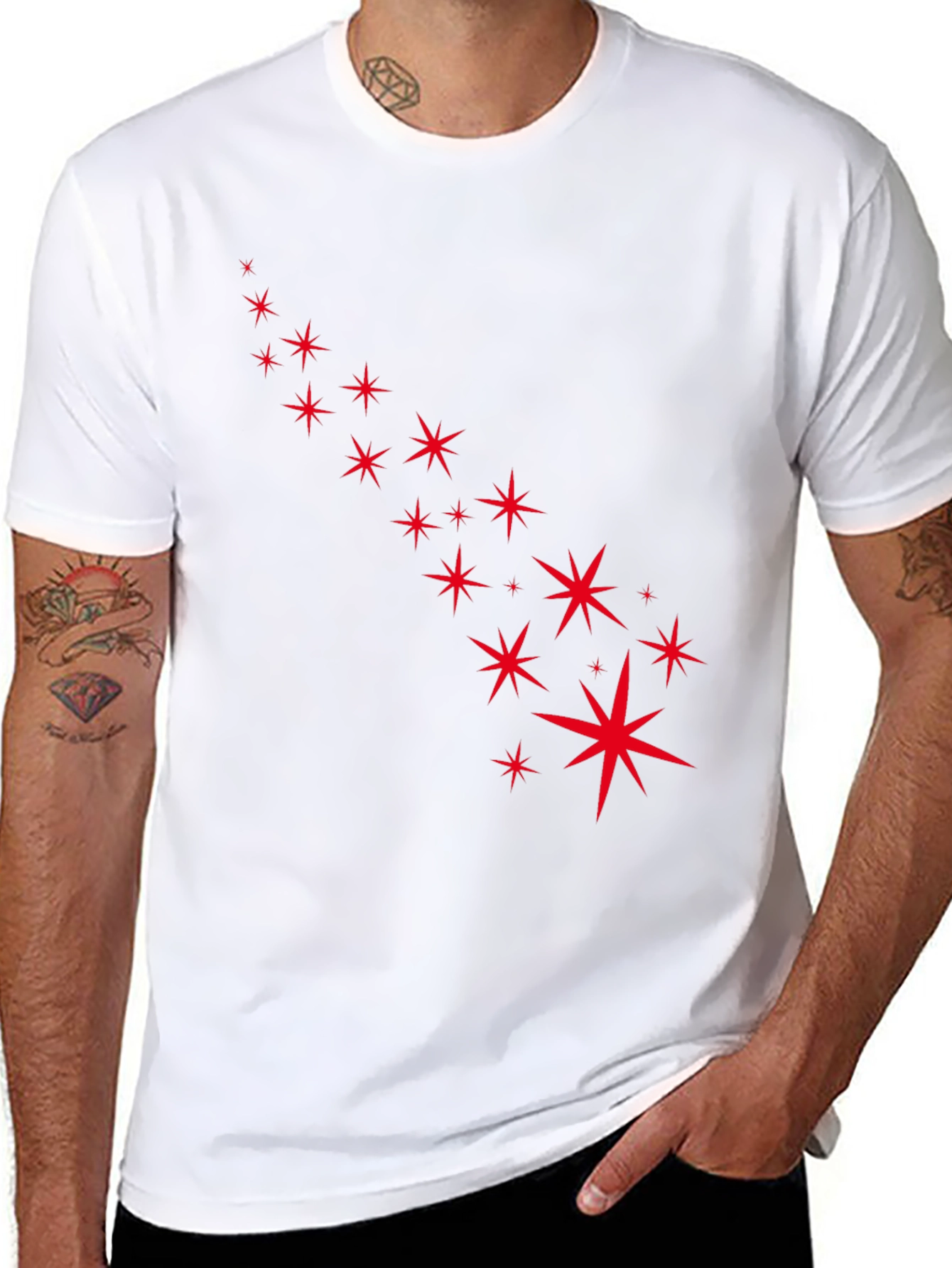 Stylish Black Tee with Starry Red Design
