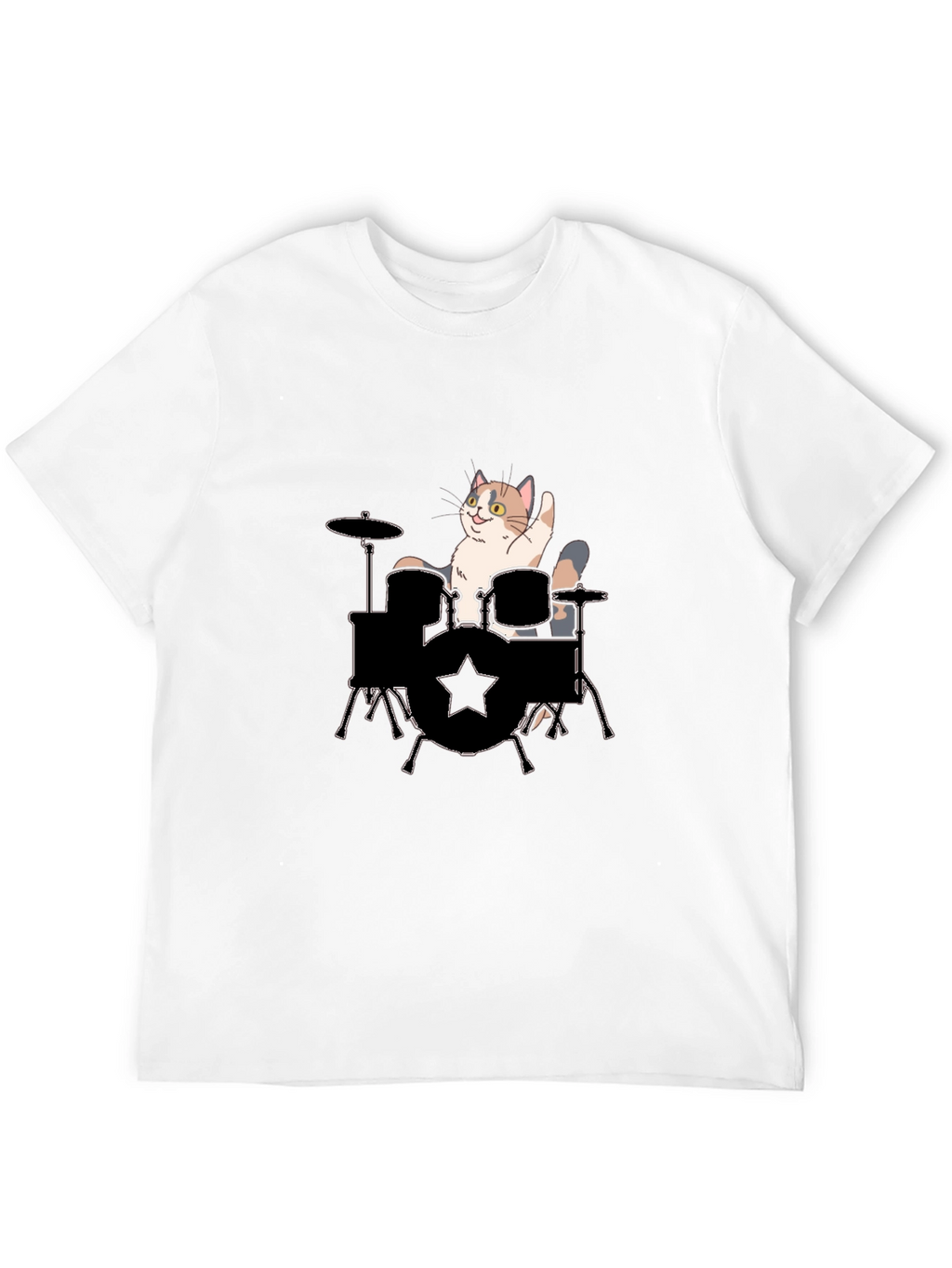Cat Drummer Graphic Tee - Black Cotton T-Shirt