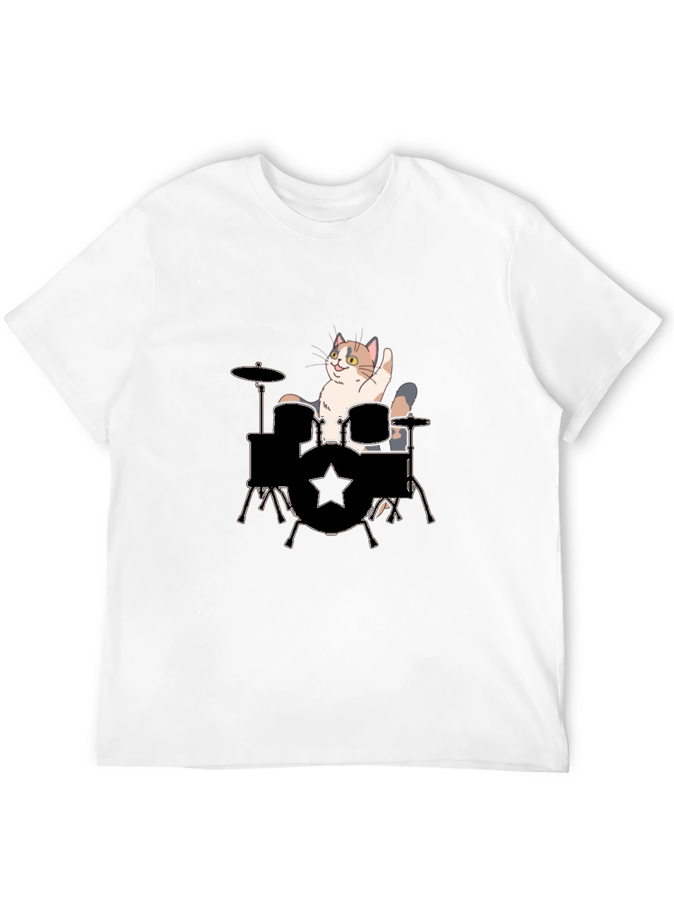 Cat Drummer Graphic Tee - Black Cotton T-Shirt