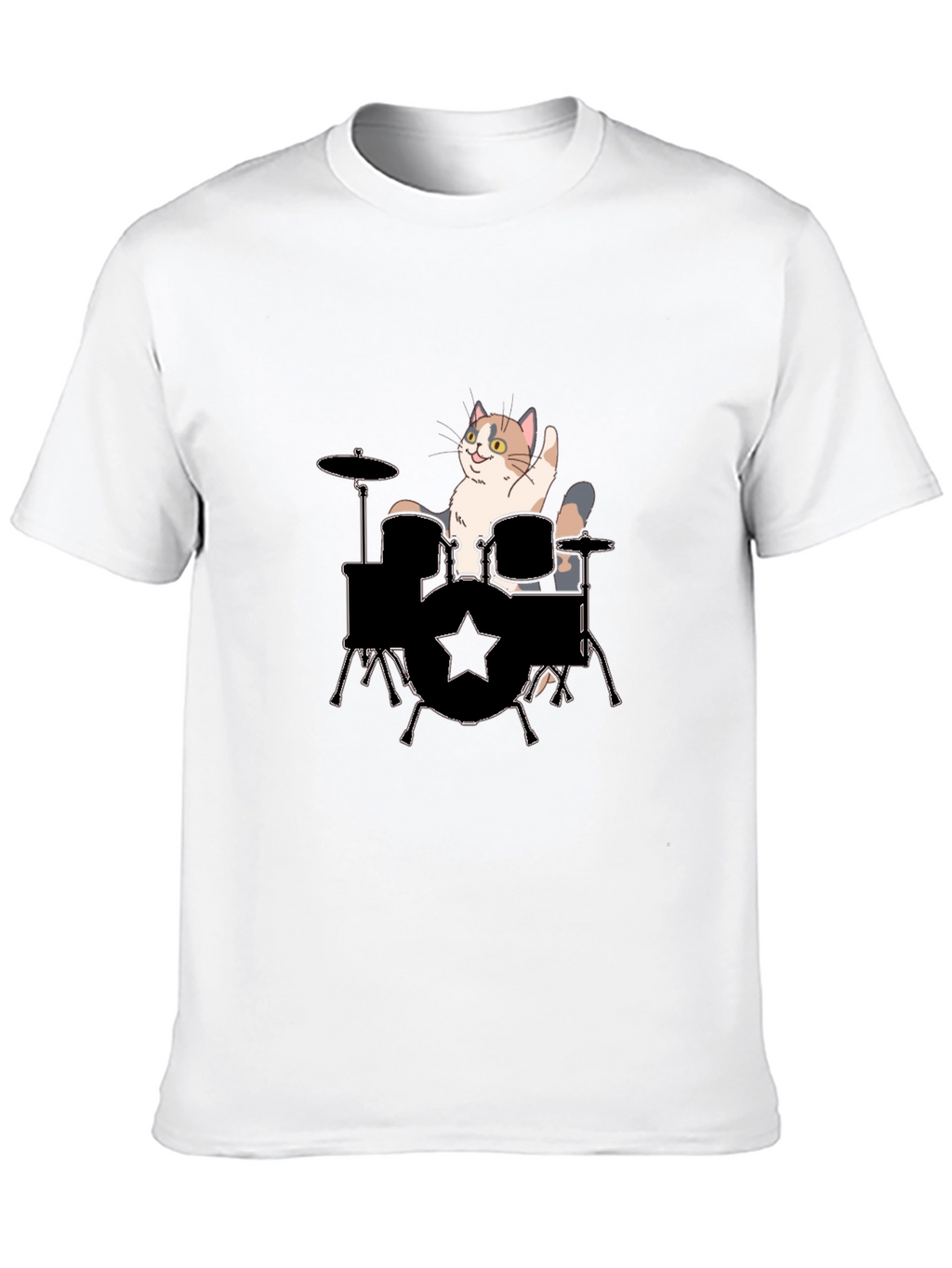 Cat Drummer Graphic Tee - Black Cotton T-Shirt