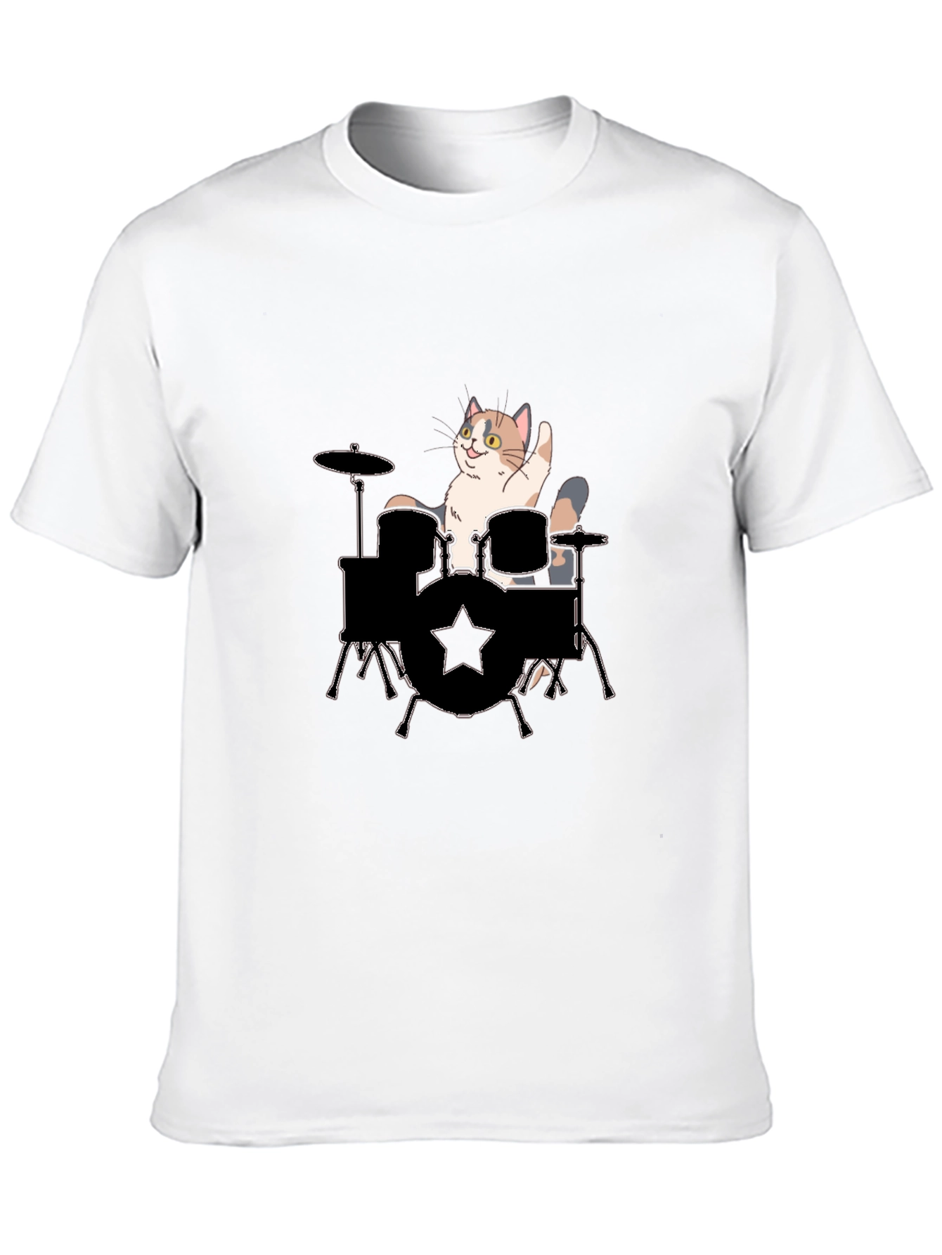 Cat Drummer Graphic Tee - Black Cotton T-Shirt