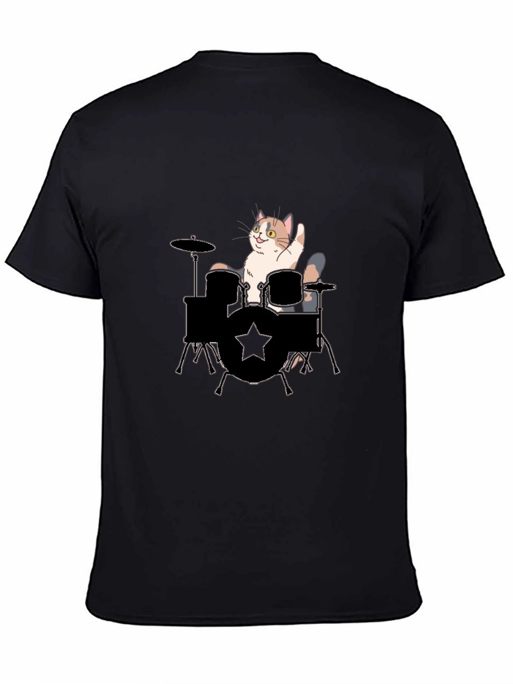 Cat Drummer Graphic Tee - Black Cotton T-Shirt