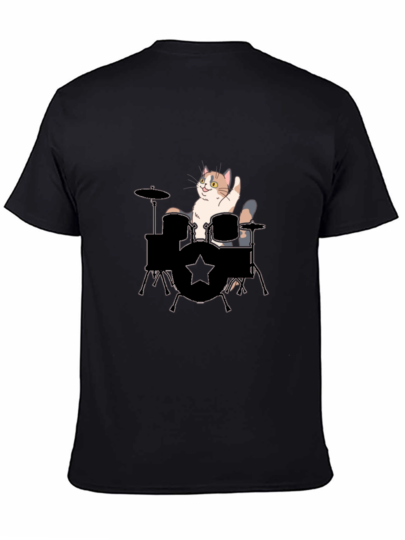 Cat Drummer Graphic Tee - Black Cotton T-Shirt