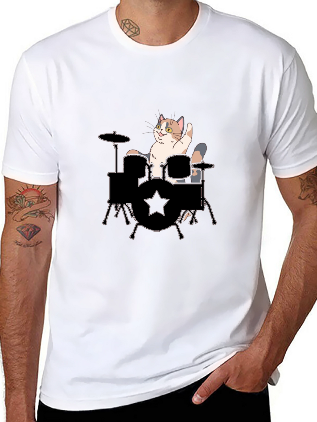 Cat Drummer Graphic Tee - Black Cotton T-Shirt