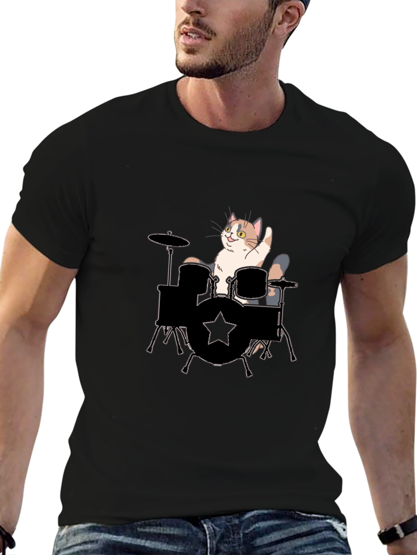 Cat Drummer Graphic Tee - Black Cotton T-Shirt