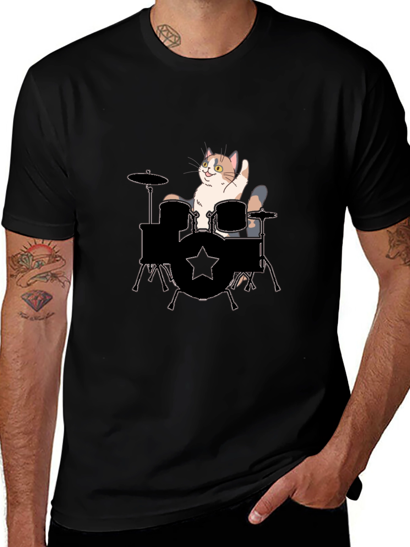 Cat Drummer Graphic Tee - Black Cotton T-Shirt