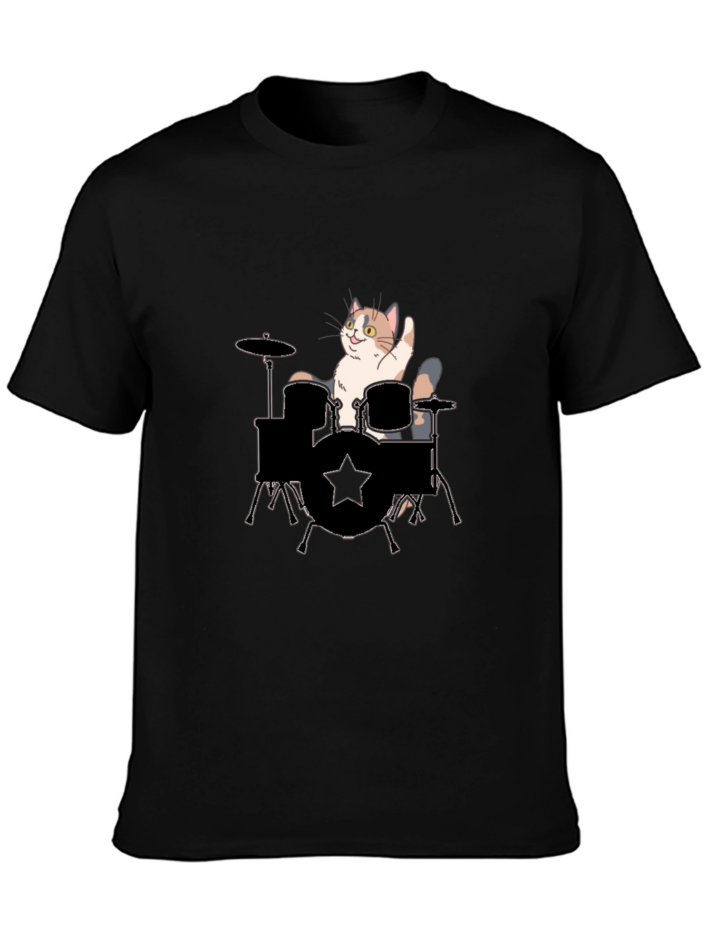 Cat Drummer Graphic Tee - Black Cotton T-Shirt