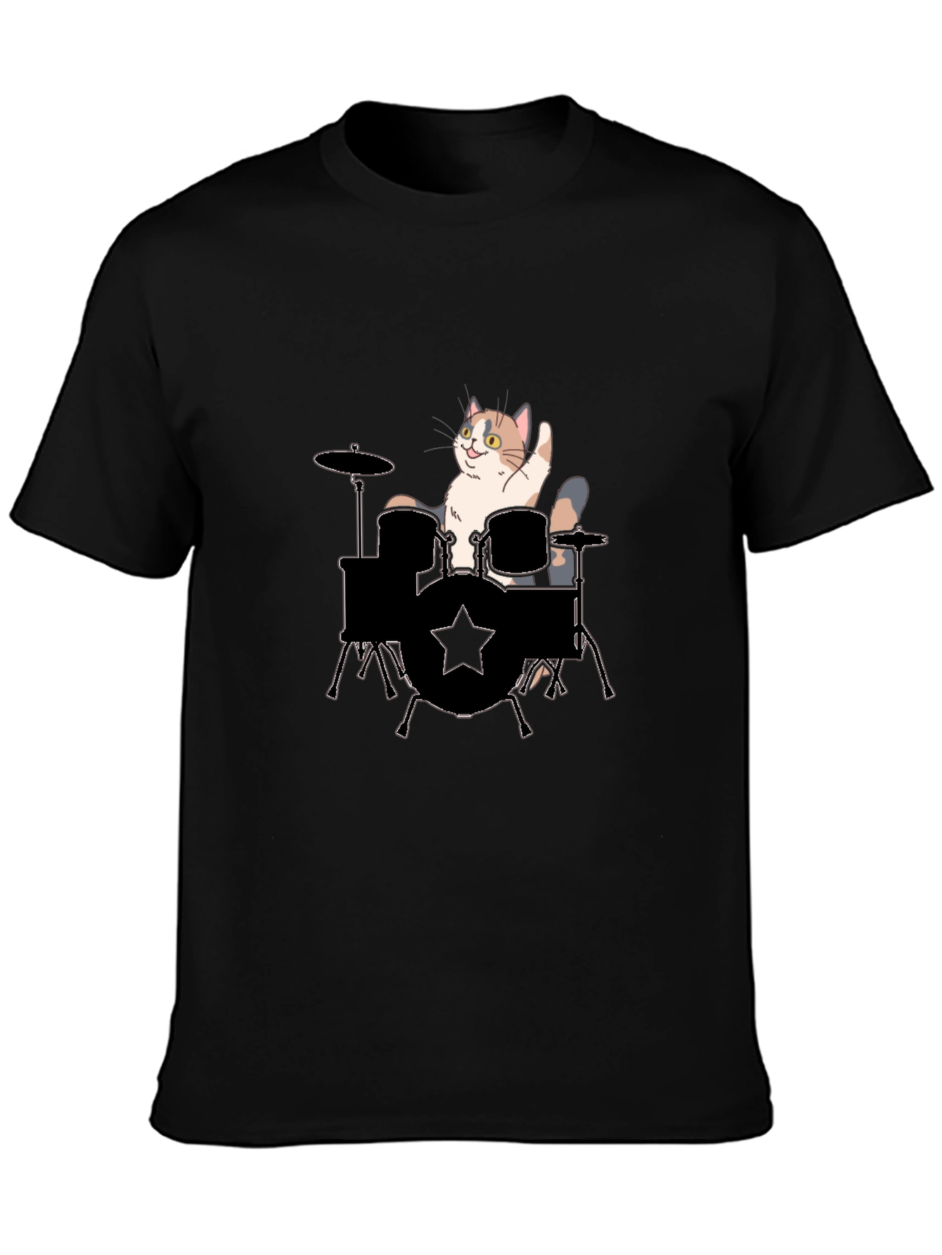 Cat Drummer Graphic Tee - Black Cotton T-Shirt